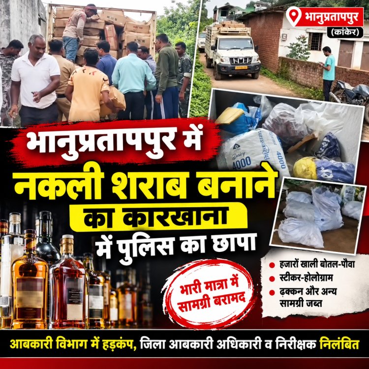 भानुप्रतापपुर में नकली शराब के खेल का पर्दाफाश किराए के मकान से भारी मात्रा में बोतल, ढक्कन, स्टीकर होलोग्राम बरामद; जिला आबकारी अधिकारी और निरीक्षक निलंबित